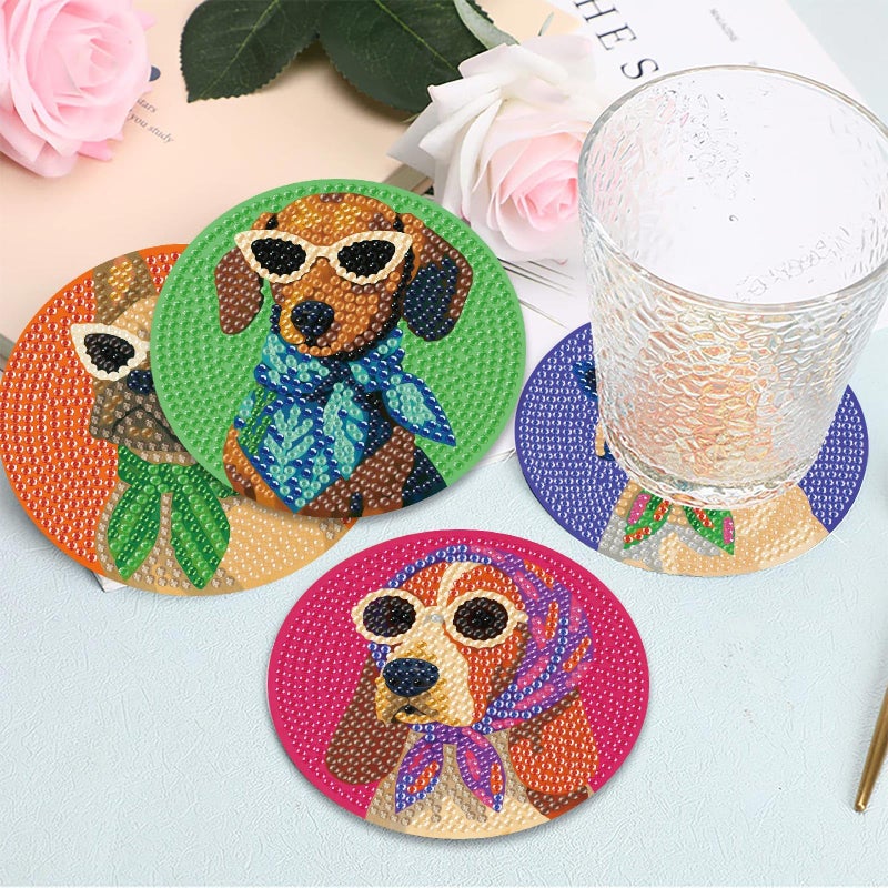 MBNTJHT 8 Pcs Dog Diamond Painting Coasters Kits with Holder,Dog Wearing Glasses Diamond Art Coasters with Wooden Pad,DIY Round Drill Rhinestone Painting Art Kit Craft for Adults Supplies Gift 4X4 Inch. - Image 5