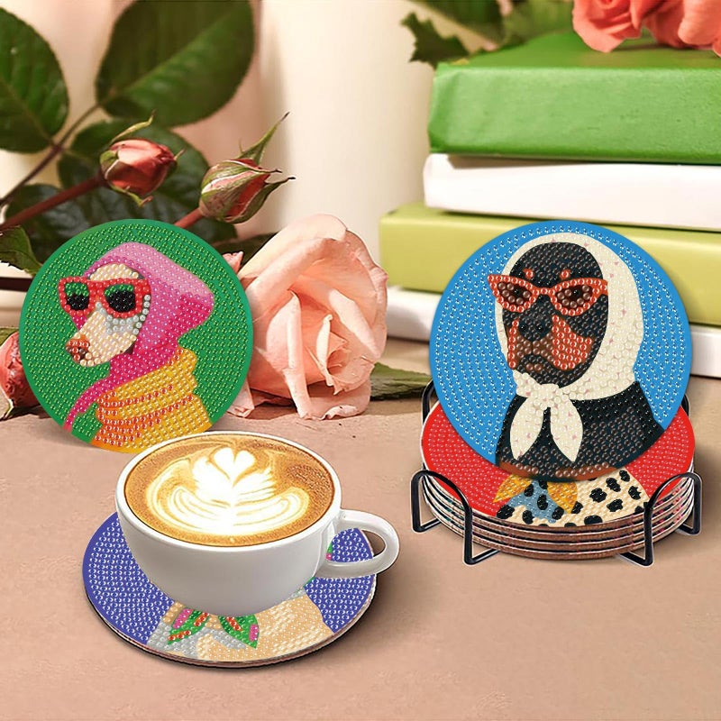 MBNTJHT 8 Pcs Dog Diamond Painting Coasters Kits with Holder,Dog Wearing Glasses Diamond Art Coasters with Wooden Pad,DIY Round Drill Rhinestone Painting Art Kit Craft for Adults Supplies Gift 4X4 Inch. - Image 4
