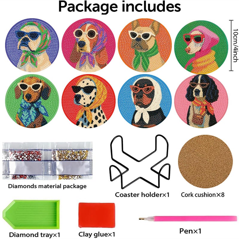 MBNTJHT 8 Pcs Dog Diamond Painting Coasters Kits with Holder,Dog Wearing Glasses Diamond Art Coasters with Wooden Pad,DIY Round Drill Rhinestone Painting Art Kit Craft for Adults Supplies Gift 4X4 Inch. - Image 2