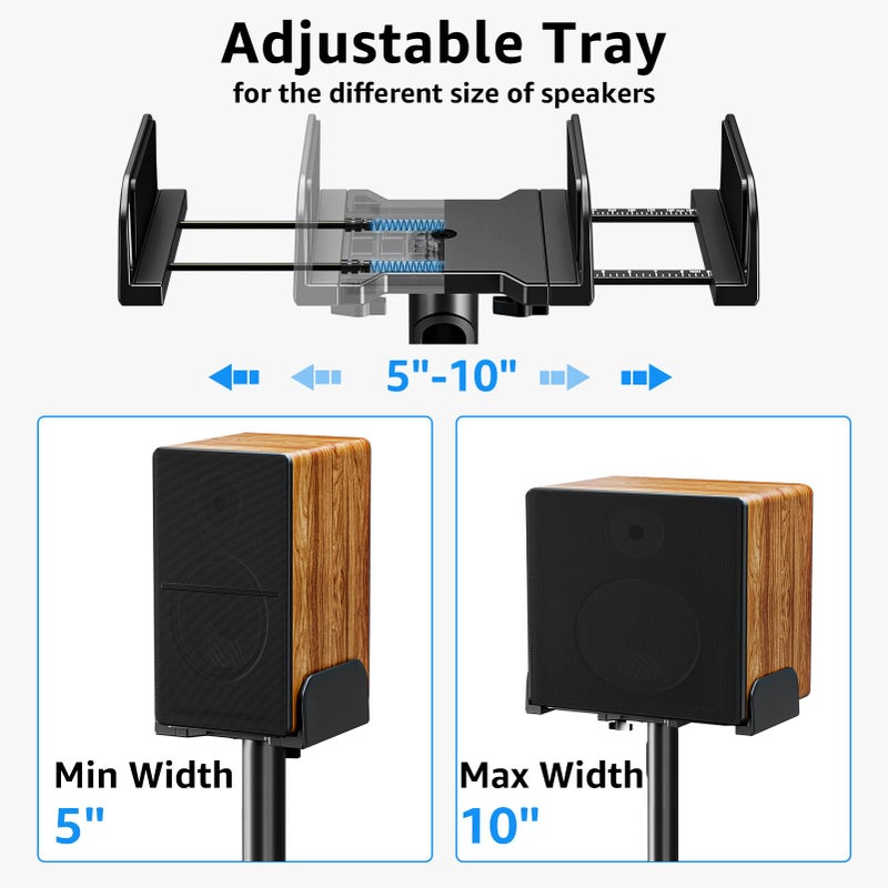 MOUNTUP حامل مكبرات الصوت العالمي MOUNTUP زوج ارتفاع قابل للتعديل من 34" إلى 43.3" يحمل مكبرات الصوت المكتبية ومكبرات الصوت الفضائية حتى 11 رطل مع إخفاء الكابلات 1 زوج لوحة ممتدة بزنبرك تصل إلى 10" MU9138 أسود - Image 3