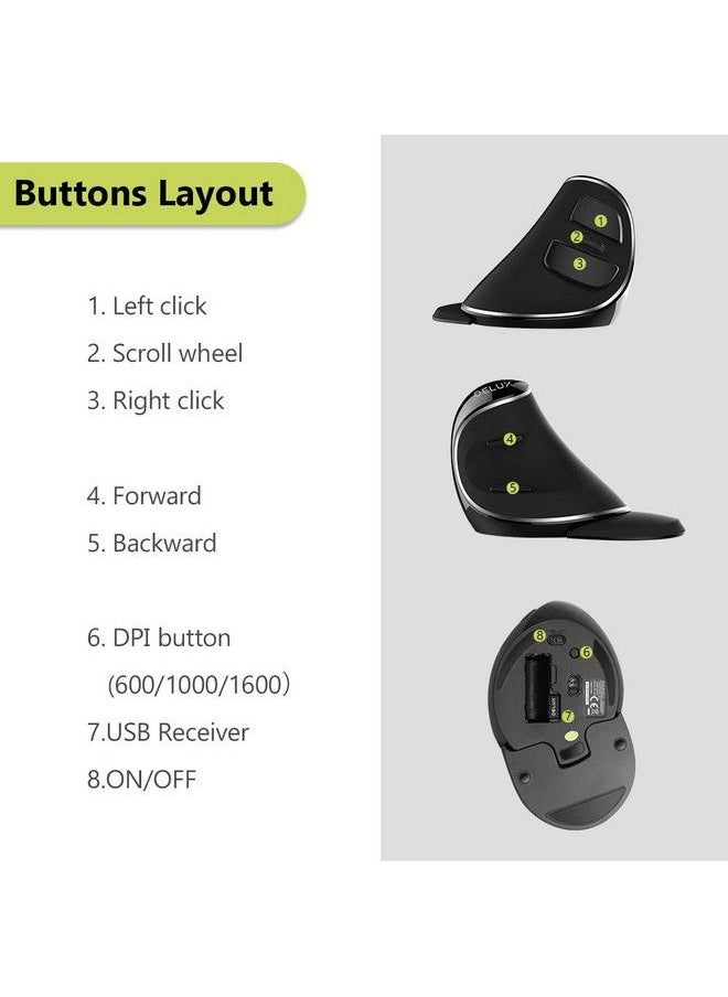 DELUX - Ergonomic Wireless Vertical Silent Mouse 2.4G Usb Receiver 3 Dpi Levels (800 1200 1600) 6 Buttons Removable Wrist Rest For Laptop Pc (M618Plus Wirelessblack) - Image 1