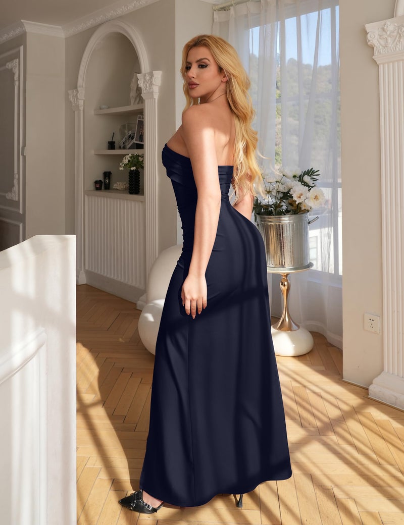 YMDUCH Women's Elegant Strapless Bodycon Ruched Ruffle High Split Long Formal Evening Dress Navy - Image 2