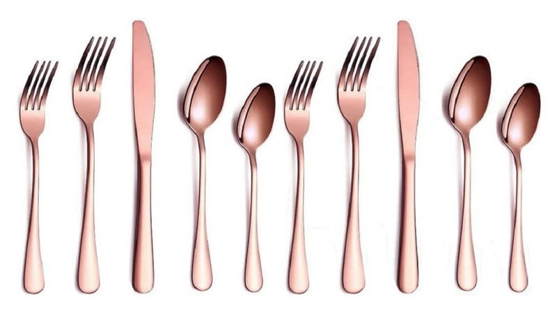 VONITY Set of 10 Mirror Finish Rose Gold Cutlery Stainless Steel Luxury Dinnerware Stainless Steel Colorful Reusable Eating Utensil Include Round Edge Serving Spoon Fork Knife Rose Gold T88446 - Image 1