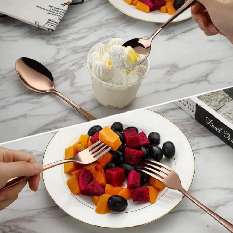 VONITY Set of 10 Mirror Finish Rose Gold Cutlery Stainless Steel Luxury Dinnerware Stainless Steel Colorful Reusable Eating Utensil Include Round Edge Serving Spoon Fork Knife Rose Gold T88446 - Image 3