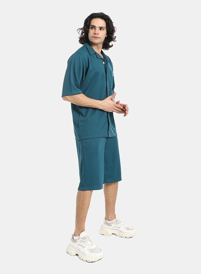 Red Circle Regular Fit Pique Teal Blue Shirt and Shorts Set - Image 2