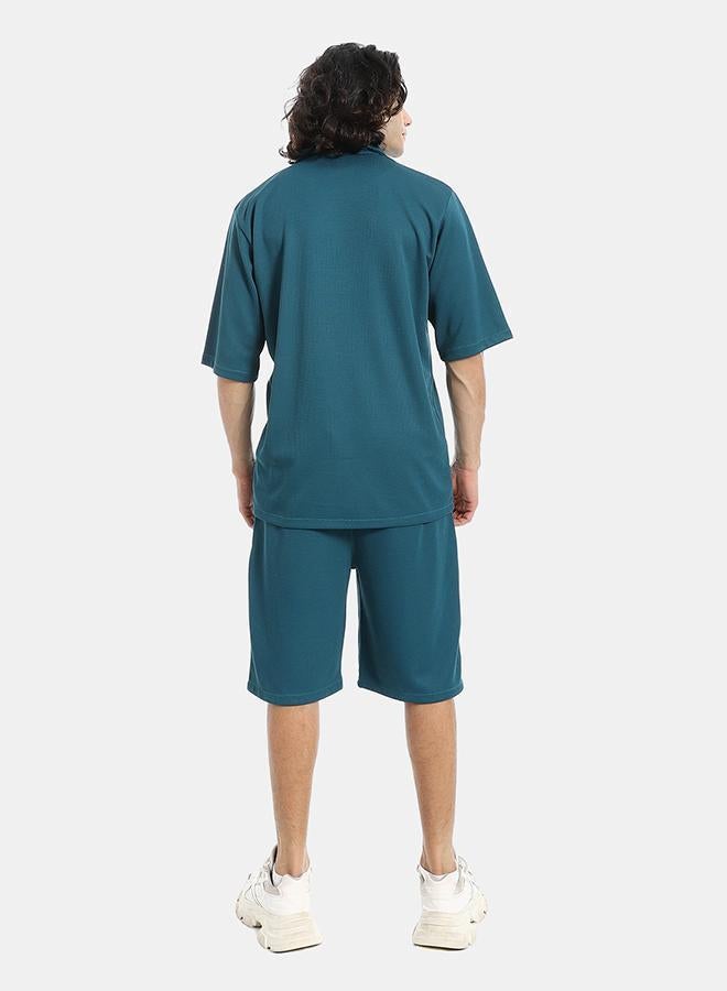 Red Circle Regular Fit Pique Teal Blue Shirt and Shorts Set - Image 3