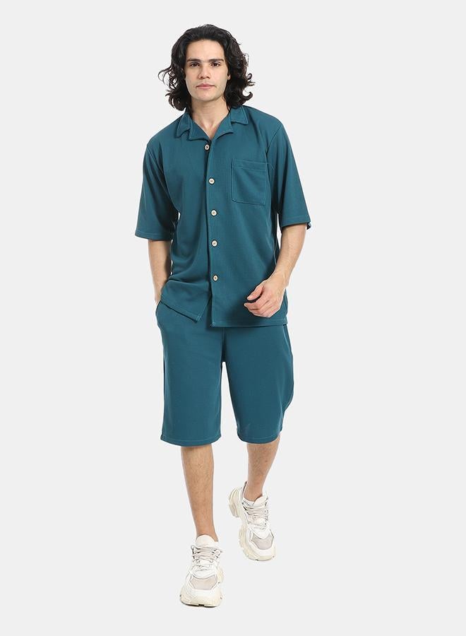 Red Circle Regular Fit Pique Teal Blue Shirt and Shorts Set - Image 1