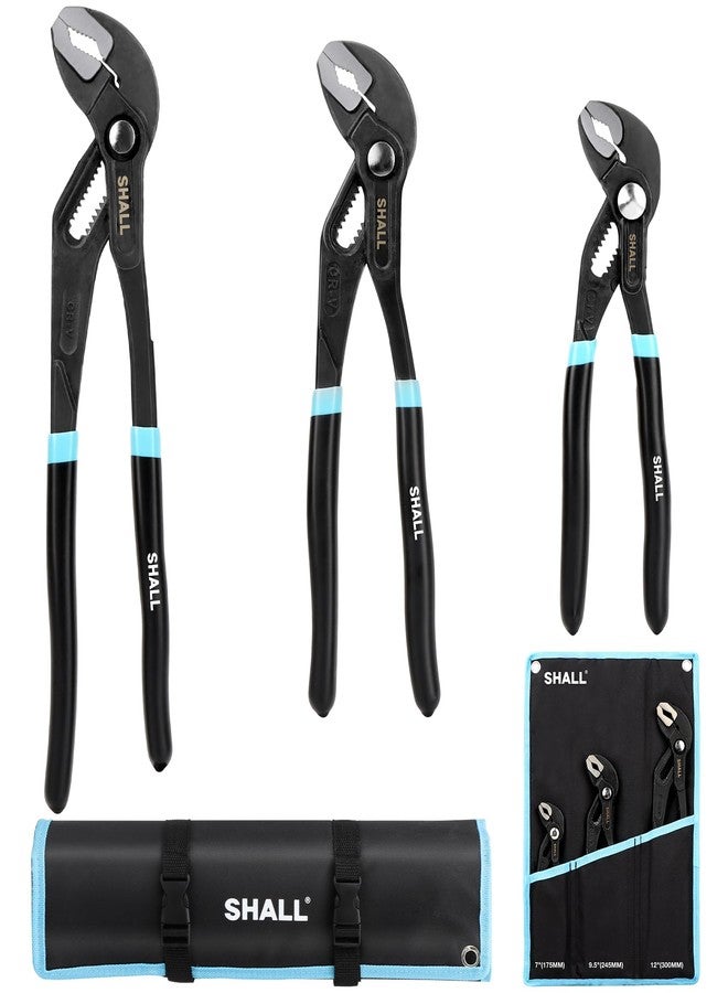 SHALL 3-Piece Groove Joint Pliers Set (12, 9-1/2, 7 Inch), Push-Lock Water Pump Pliers in Cr-v Steel, Fast Adjustable Tongue and Groove Pliers with Tool Roll Bag for Home Repair & Plumbing - Image 1