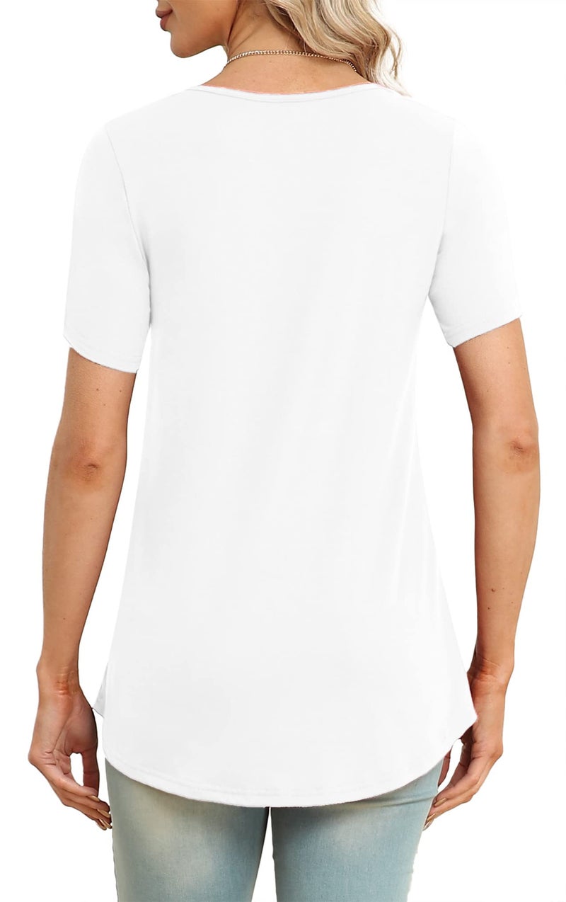 LAOLASI Women's 2025 Summer V Neck Short Sleeve Casual Soft Tops Skin Friendly Shirt Loose Flowy Tunic Blouse,White,L - Image 4