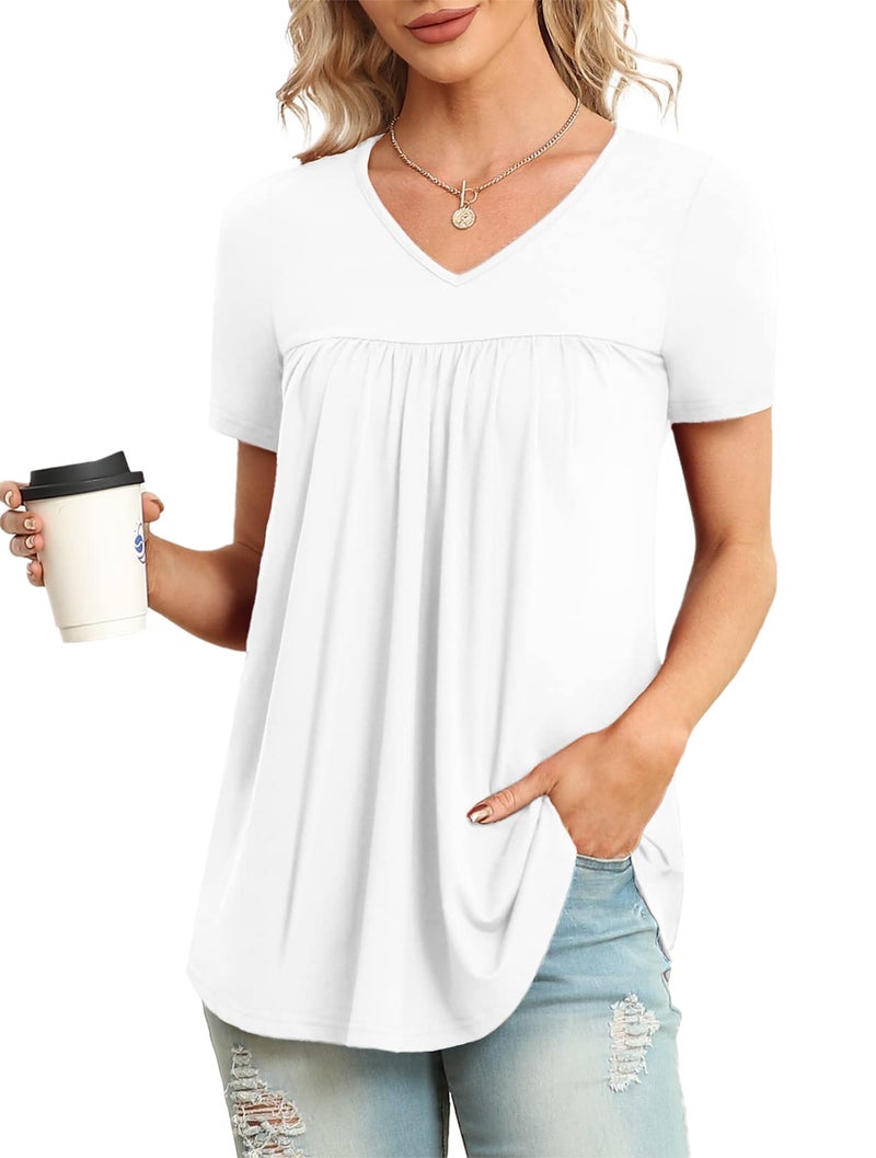 LAOLASI Women's 2025 Summer V Neck Short Sleeve Casual Soft Tops Skin Friendly Shirt Loose Flowy Tunic Blouse,White,L - Image 1