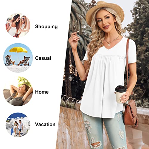 LAOLASI Women's 2025 Summer V Neck Short Sleeve Casual Soft Tops Skin Friendly Shirt Loose Flowy Tunic Blouse,White,L - Image 5