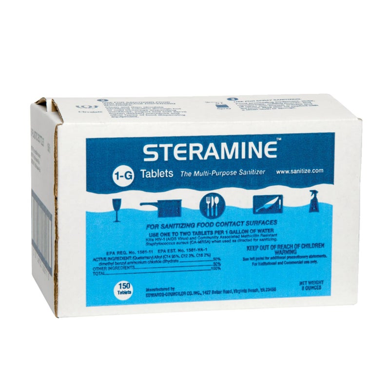 Steramine 6 x Steramine Quaternary Sanitizing Tablets, Sanitizing Food Contact Surfaces, Kills E-Coli; HIV; Listeria, Model 1-G, 150 Sanitizer Tablets per Bottle, Blue, Pack of 6 Bottles