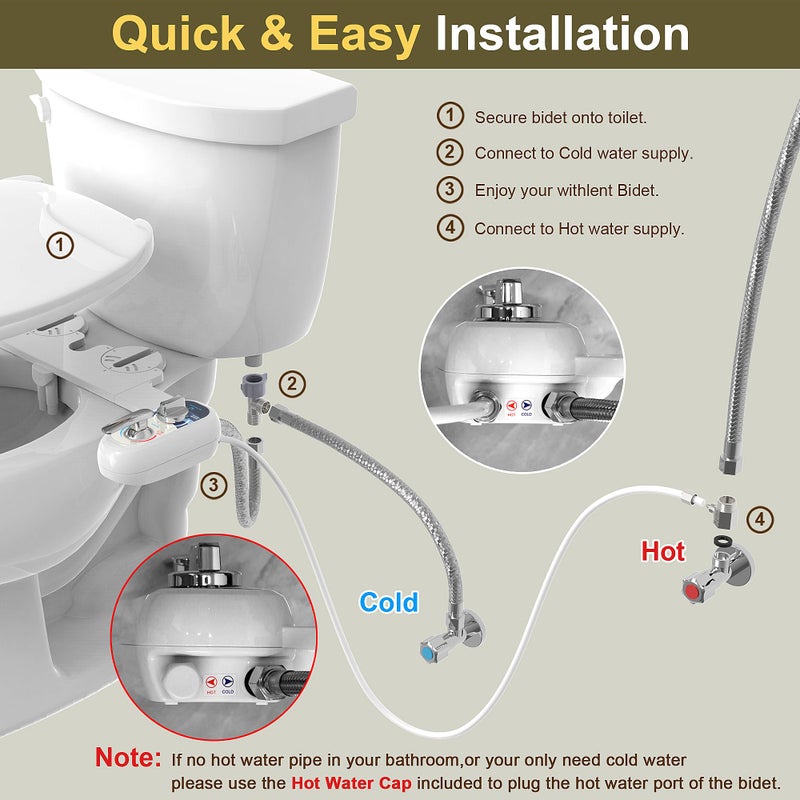 WITHLENT Bidet Attachment for Toilet Warm Water Left - Hot and Cold Self-Cleaning, Dual Nozzle, Non-Electric Bidet Attachment for Toilet Seat, Adjustable Water Pressure, Rear and Feminine Wash, Lever Control - Image 5