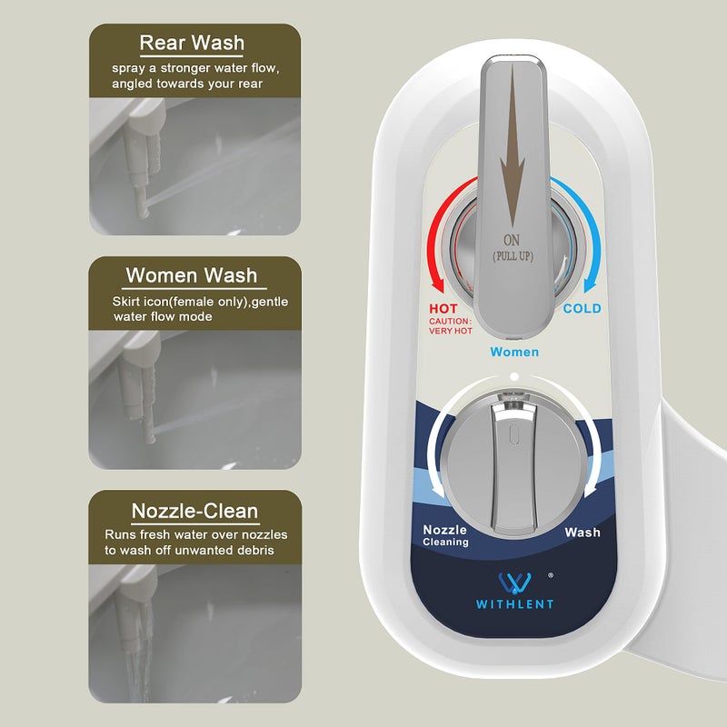 WITHLENT Bidet Attachment for Toilet Warm Water Left - Hot and Cold Self-Cleaning, Dual Nozzle, Non-Electric Bidet Attachment for Toilet Seat, Adjustable Water Pressure, Rear and Feminine Wash, Lever Control - Image 3