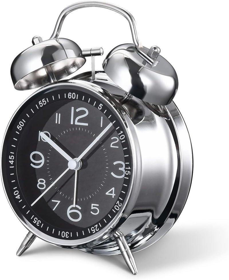 HOME SKILL Alarm Clock for Heavy Sleepers Loud Clock for Adults, Metal 4 Inches Twin Bell Table Clock with Backlight Alarm Clocks for Students Decoration Bedroom/Office (Black Silver Clock) - Image 2
