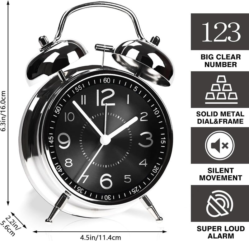 HOME SKILL Alarm Clock for Heavy Sleepers Loud Clock for Adults, Metal 4 Inches Twin Bell Table Clock with Backlight Alarm Clocks for Students Decoration Bedroom/Office (Black Silver Clock) - Image 3