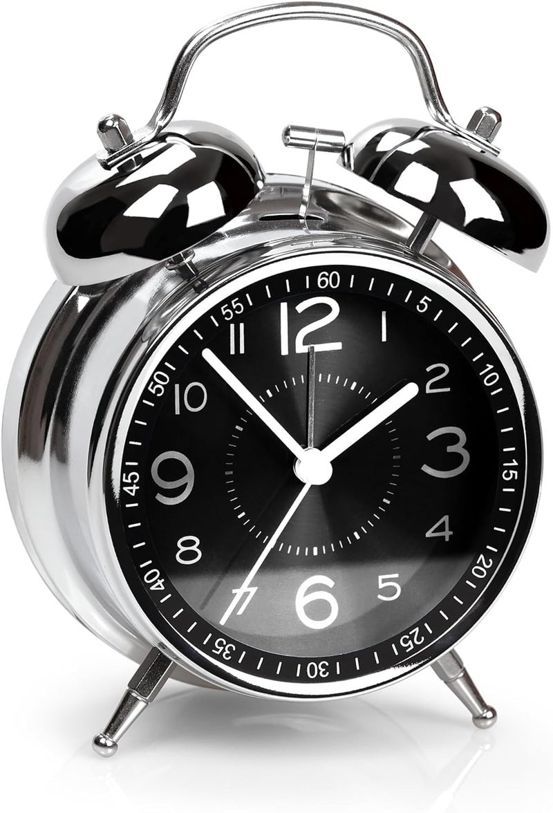 HOME SKILL Alarm Clock for Heavy Sleepers Loud Clock for Adults, Metal 4 Inches Twin Bell Table Clock with Backlight Alarm Clocks for Students Decoration Bedroom/Office (Black Silver Clock) - Image 1