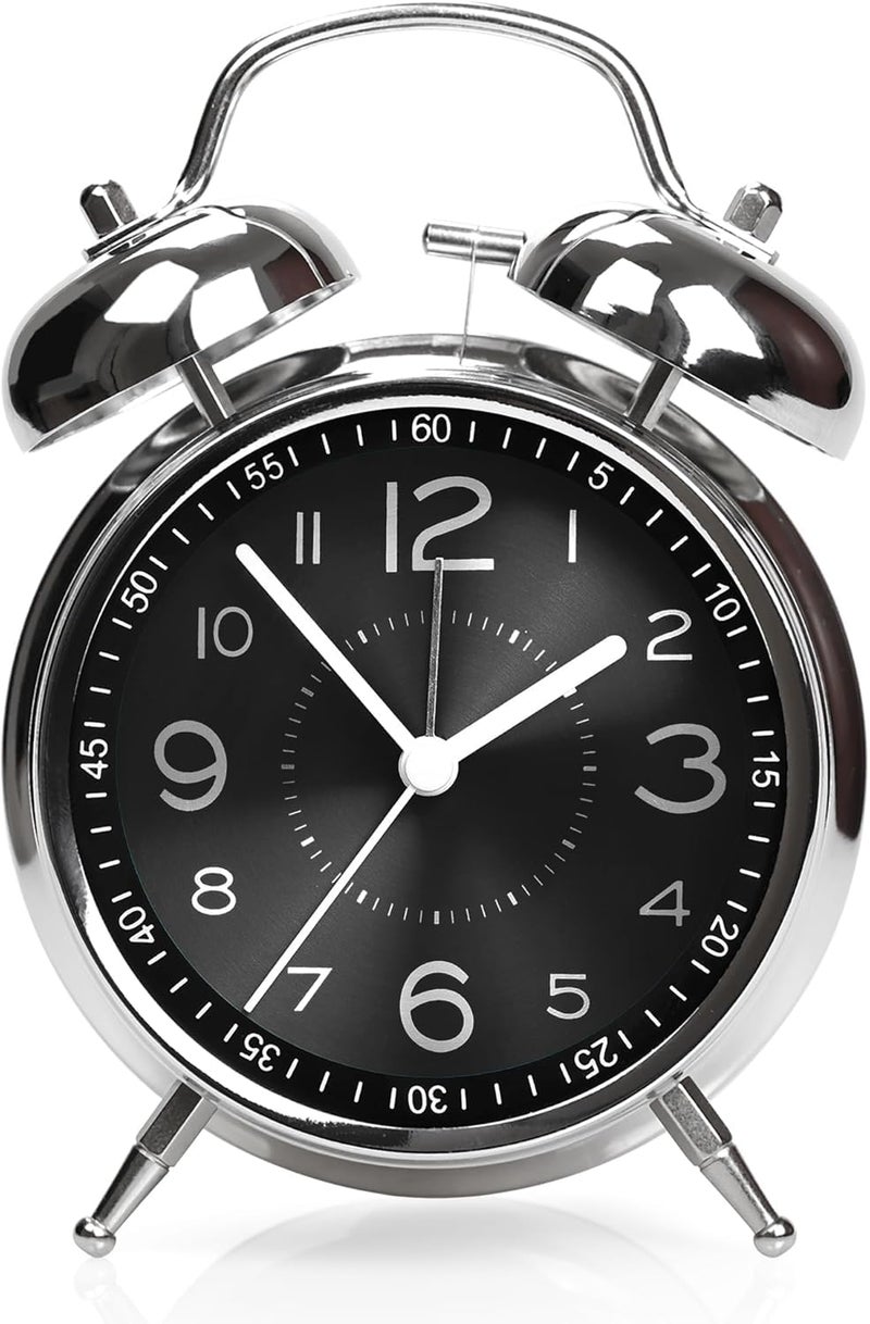 HOME SKILL Alarm Clock for Heavy Sleepers Loud Clock for Adults, Metal 4 Inches Twin Bell Table Clock with Backlight Alarm Clocks for Students Decoration Bedroom/Office (Black Silver Clock) - Image 4