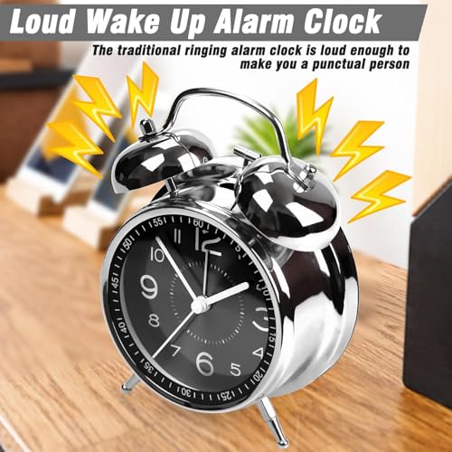 HOME SKILL Alarm Clock for Heavy Sleepers Loud Clock for Adults, Metal 4 Inches Twin Bell Table Clock with Backlight Alarm Clocks for Students Decoration Bedroom/Office (Black Silver Clock) - Image 5