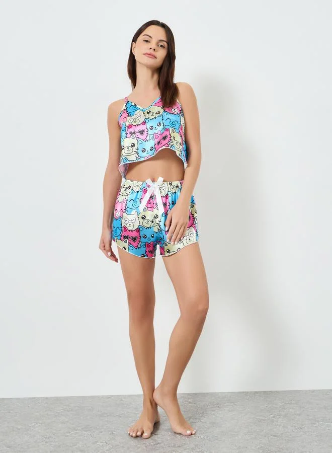 تايك تو مجموعة من بلوزة كامي بياقة دائرية وشورت بيجاما بطبعة قطة