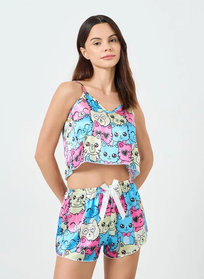 تايك تو مجموعة من بلوزة كامي بياقة دائرية وشورت بيجاما بطبعة قطة