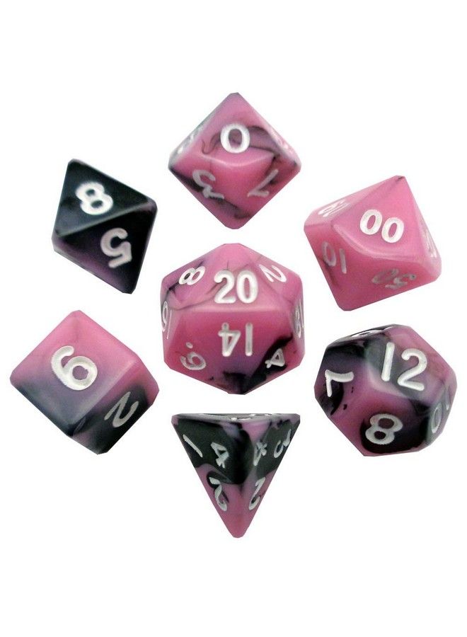 Metallic Dice Games 7 Count Mini Dice Set: Pink/Black With White Numbers - Image 1