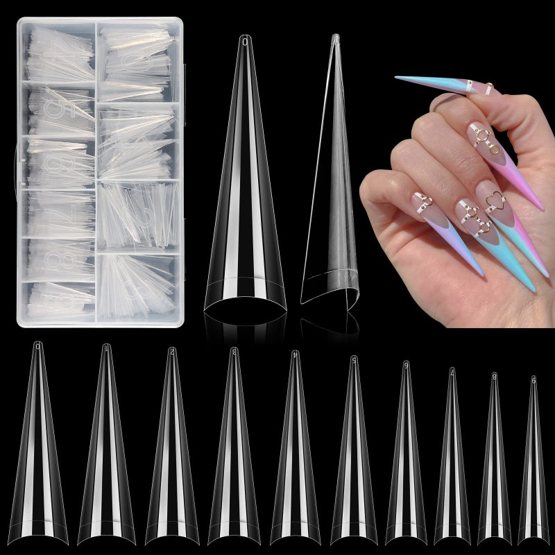 500Pcs Stiletto Nail Tips for Acrylic Nails XL Long Clear False Nails Tips Soft Traceless Half Cover Tapered Square False Nail Tips for Nail Extension Nail Art Home DIY Nail Salon 10 Sizes