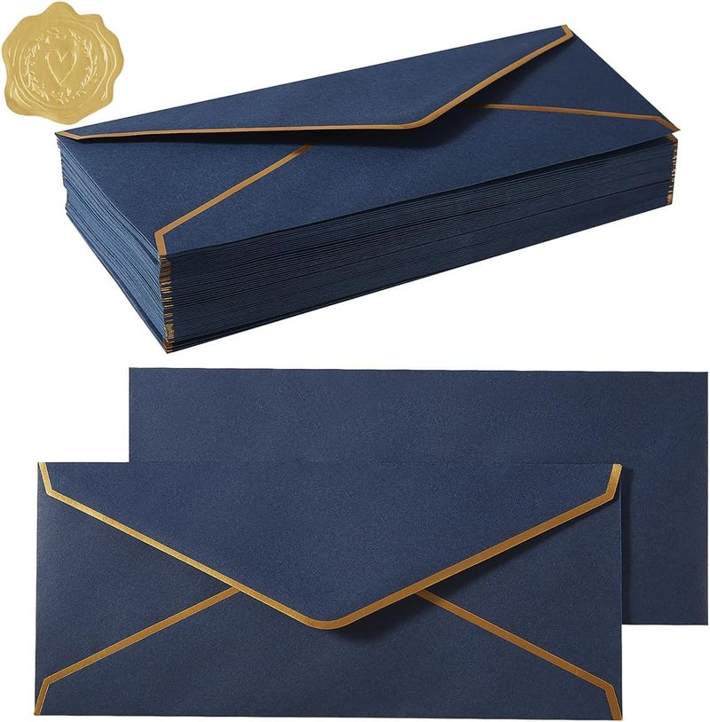Topeen 50 Pack #10 Business Envelopes with Gold Border, Self Seal Standard Envelopes with Gold Stickers for Office, Checks, Letter Mailing, Invoices, 4 1/8 x 9 1/2 Inches (Navy Blue) - Image 1