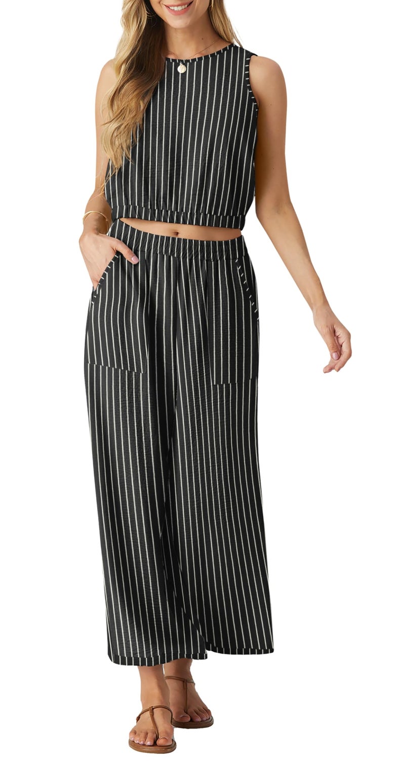 GRECERELLE 2 Piece Sets Summer Resort Wear for Women 2026 Sleeveless Crop Top Wide Leg Pants Sweat Set for Women Black Stripe-L - Image 2