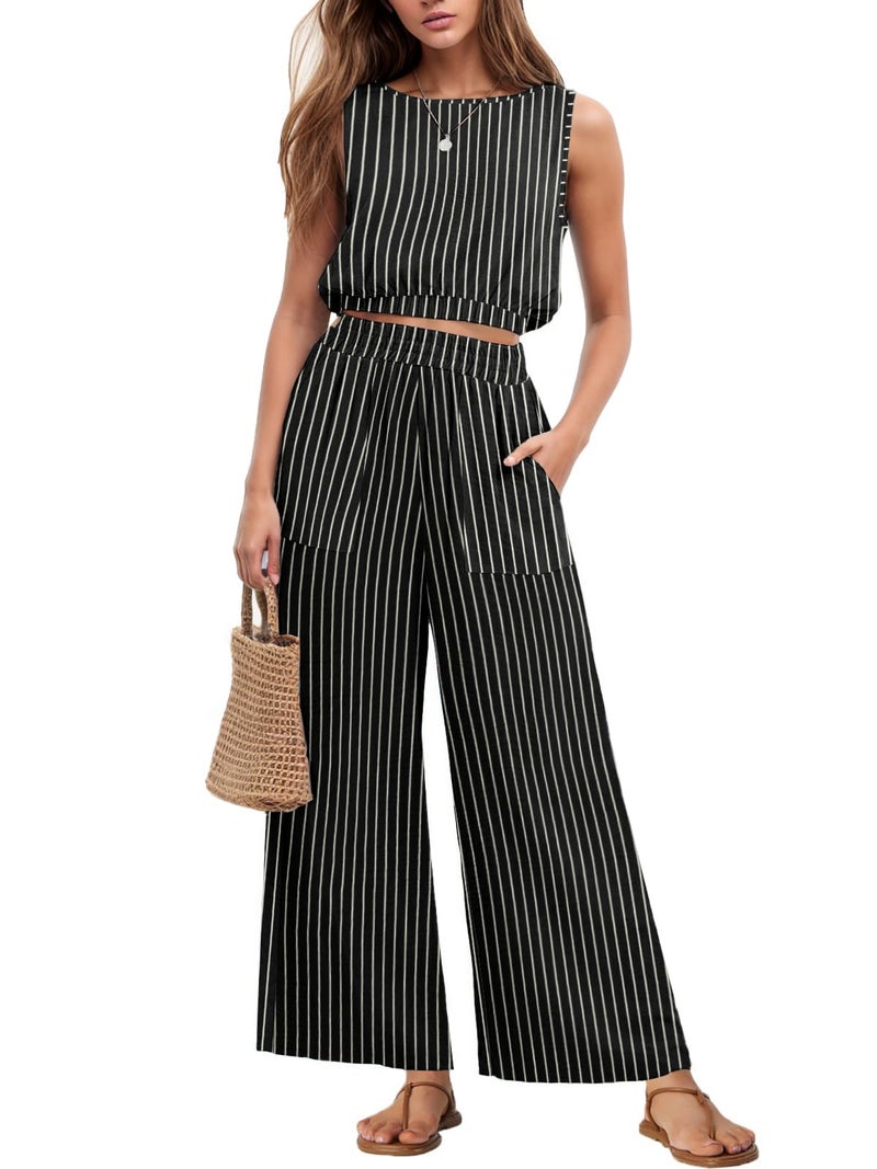 GRECERELLE 2 Piece Sets Summer Resort Wear for Women 2026 Sleeveless Crop Top Wide Leg Pants Sweat Set for Women Black Stripe-L - Image 1