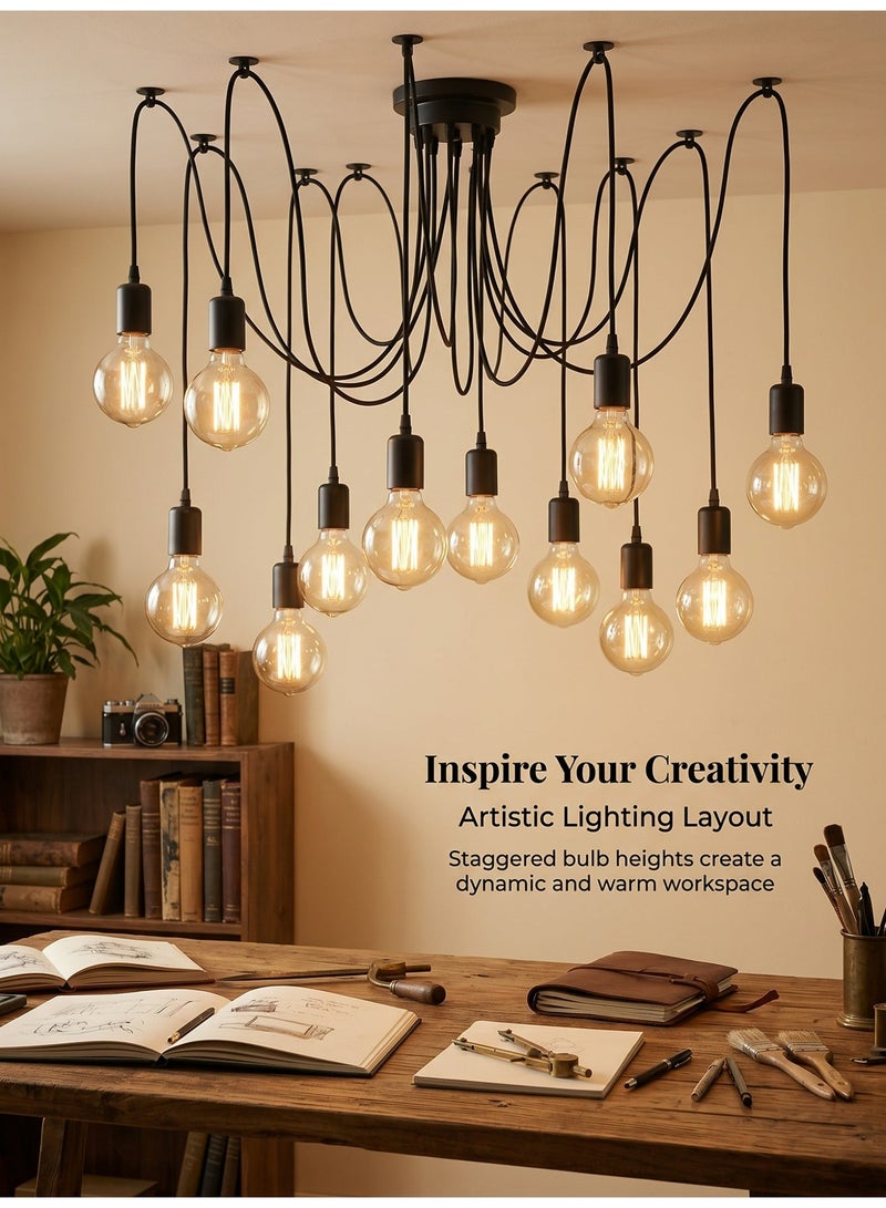 SageLiving 12 Heads Vintage Industrial Chandelier | Black Metal Ceiling Pendant Light | E27 Base, No Bulbs Included | Lighting for Living Room, Bar & Restaurant (8–15㎡) - Image 4
