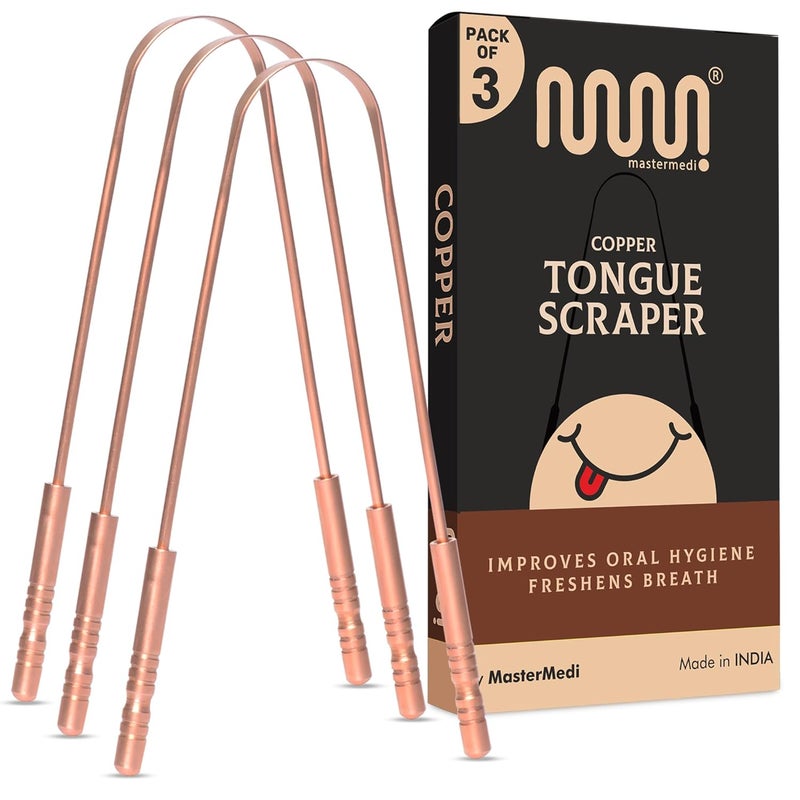 MasterMedi Pure Copper Tongue Scraper for Adults, Tongue Scrubber for Bad Breath, Easy to Use, Tongue Cleaner for Oral Care & Hygiene (Copper Pack of 3) - Image 1