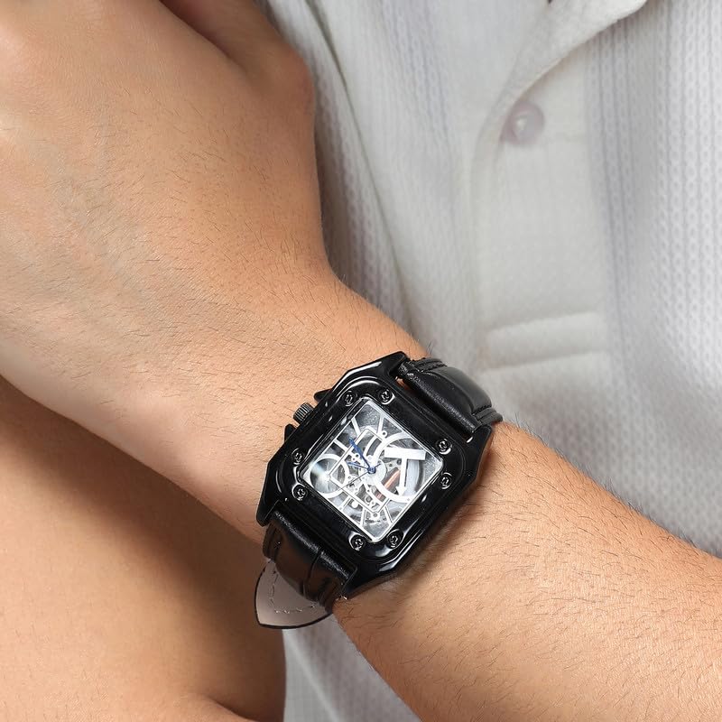 French Accent Men's The Nocturne Square Watch | Obsidian Black Vegan Leather Strap | Ivory White Dial | One-Size | Tang Buckle Closure | Quartz | Battery | Wrist Belt Watch for Men and Boys - Image 3
