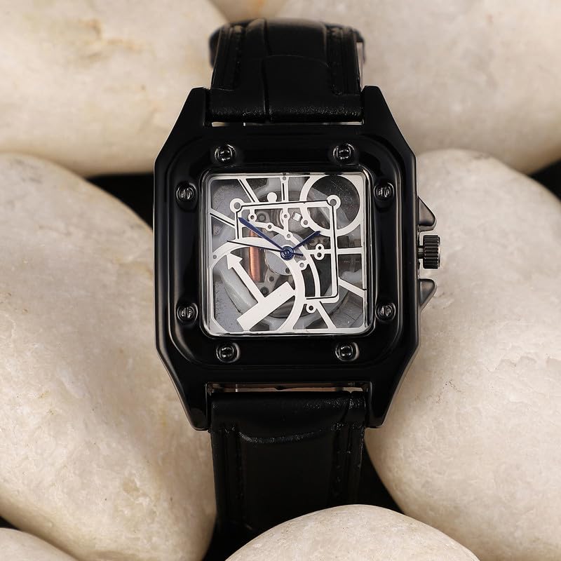 French Accent Men's The Nocturne Square Watch | Obsidian Black Vegan Leather Strap | Ivory White Dial | One-Size | Tang Buckle Closure | Quartz | Battery | Wrist Belt Watch for Men and Boys - Image 2