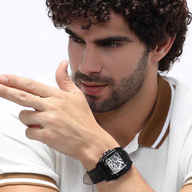 French Accent Men's The Nocturne Square Watch | Obsidian Black Vegan Leather Strap | Ivory White Dial | One-Size | Tang Buckle Closure | Quartz | Battery | Wrist Belt Watch for Men and Boys - Image 4