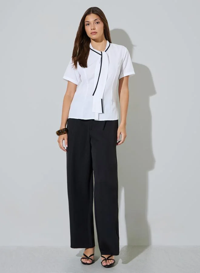 ستايلي White Short Sleeve Blouse with Neck-Tie Detail