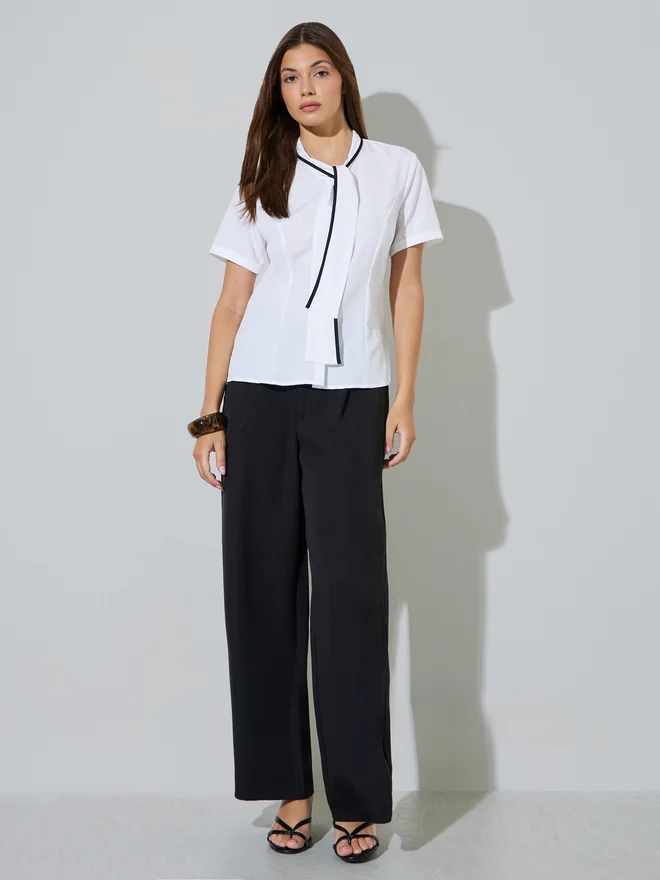 Styli Styli White Short Sleeve Blouse with Neck-Tie Detail