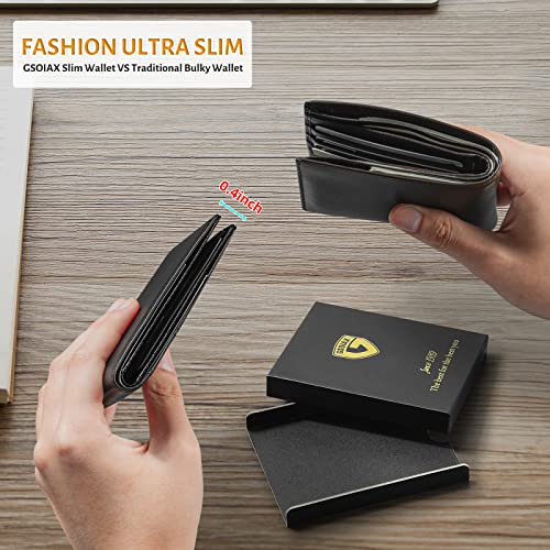GSOIAX Slim Leather RFID Bifold Wallet for Men Minimalist Front Pocket Wallet with Money Clip,12 Card Slots,ID Window,Cool Groove Design,Includes Gift Box(D-Leather Black) - Image 3