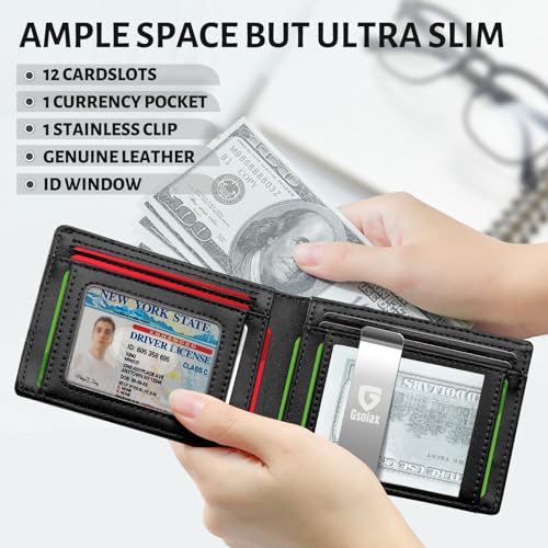 GSOIAX Slim Leather RFID Bifold Wallet for Men Minimalist Front Pocket Wallet with Money Clip,12 Card Slots,ID Window,Cool Groove Design,Includes Gift Box(D-Leather Black) - Image 2
