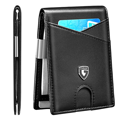 GSOIAX Slim Leather RFID Bifold Wallet for Men Minimalist Front Pocket Wallet with Money Clip,12 Card Slots,ID Window,Cool Groove Design,Includes Gift Box(D-Leather Black) - Image 1