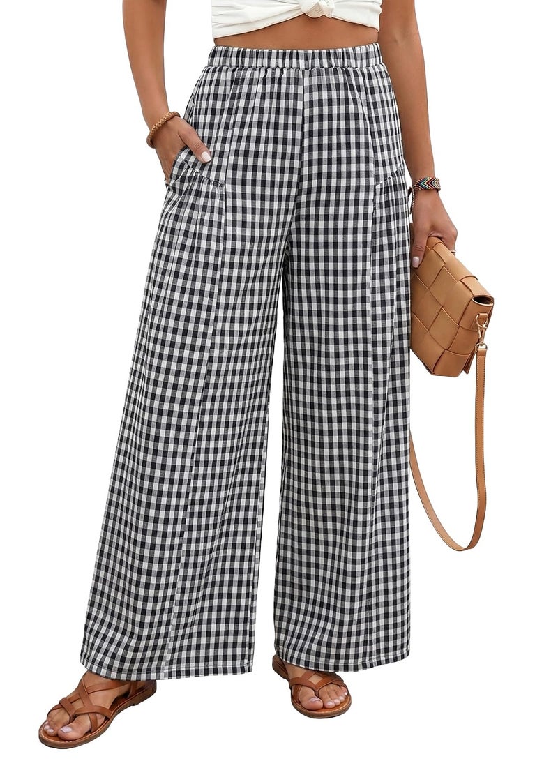 EVALESS Wide Leg Pants for Women Elastic High Waisted Flowy Cotton Plaid Gingham Palazzo Pants Spring Summer Baggy Culottes Trousers Business Work Casual Clothes Black Large - Image 1