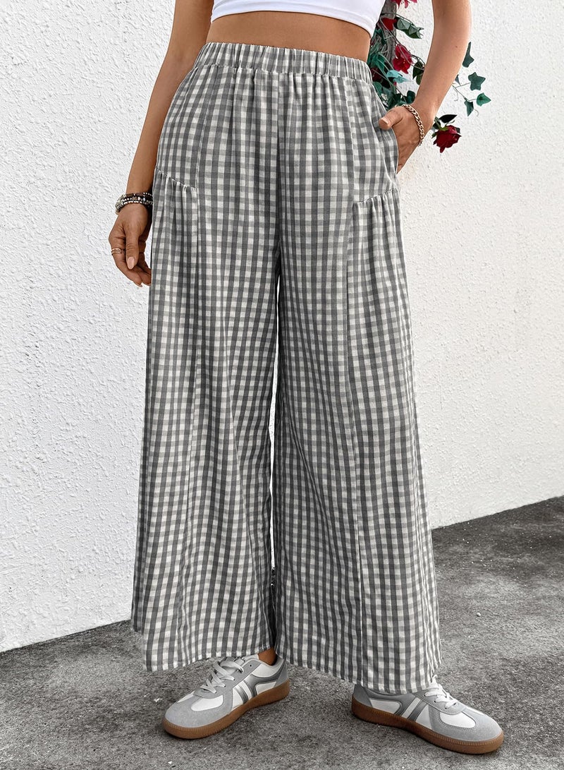 EVALESS Wide Leg Pants for Women Elastic High Waisted Flowy Cotton Plaid Gingham Palazzo Pants Spring Summer Baggy Culottes Trousers Business Work Casual Clothes Black Large - Image 5