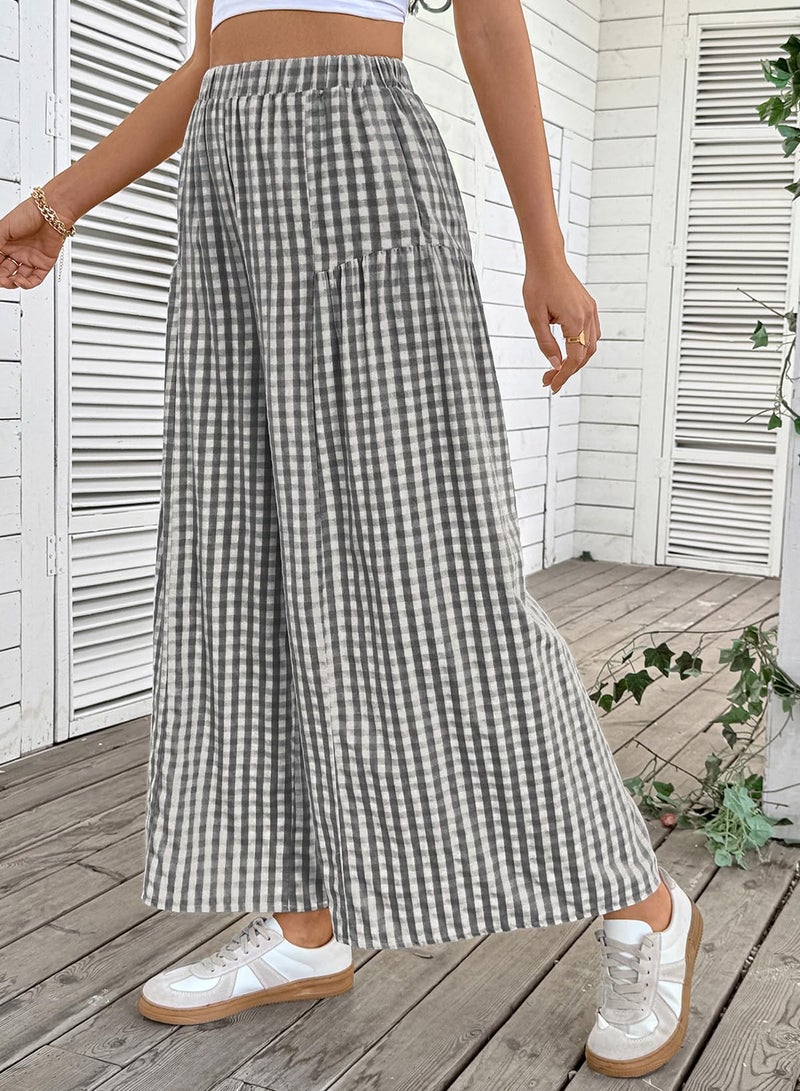 EVALESS Wide Leg Pants for Women Elastic High Waisted Flowy Cotton Plaid Gingham Palazzo Pants Spring Summer Baggy Culottes Trousers Business Work Casual Clothes Black Large - Image 2