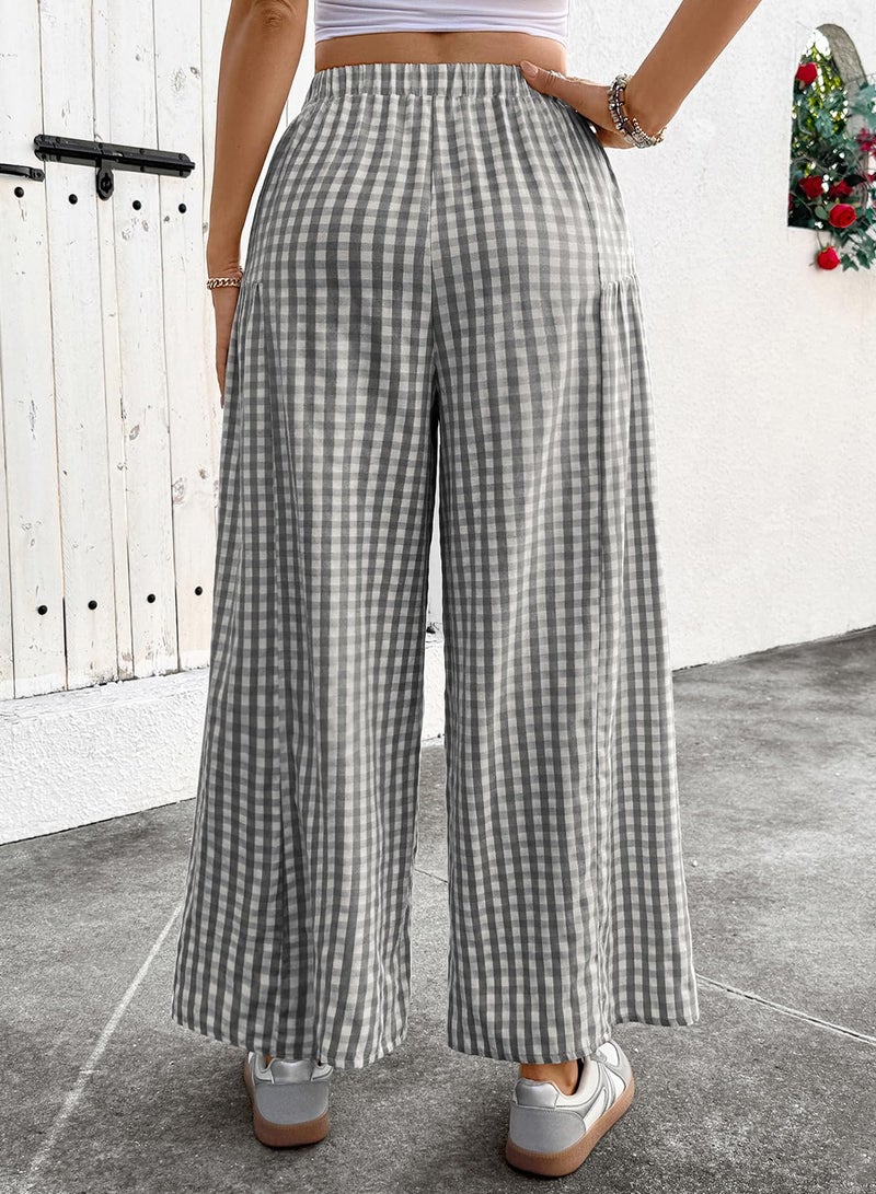 EVALESS Wide Leg Pants for Women Elastic High Waisted Flowy Cotton Plaid Gingham Palazzo Pants Spring Summer Baggy Culottes Trousers Business Work Casual Clothes Black Large - Image 4