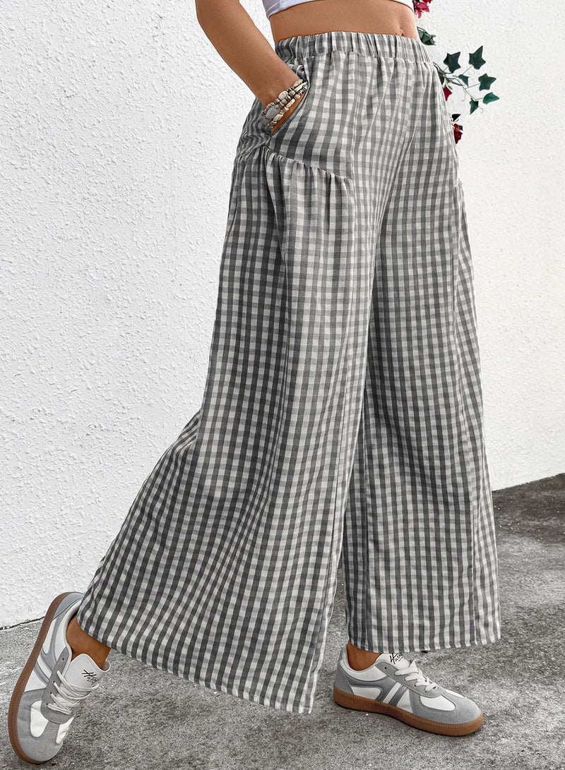 EVALESS Wide Leg Pants for Women Elastic High Waisted Flowy Cotton Plaid Gingham Palazzo Pants Spring Summer Baggy Culottes Trousers Business Work Casual Clothes Black Large - Image 3