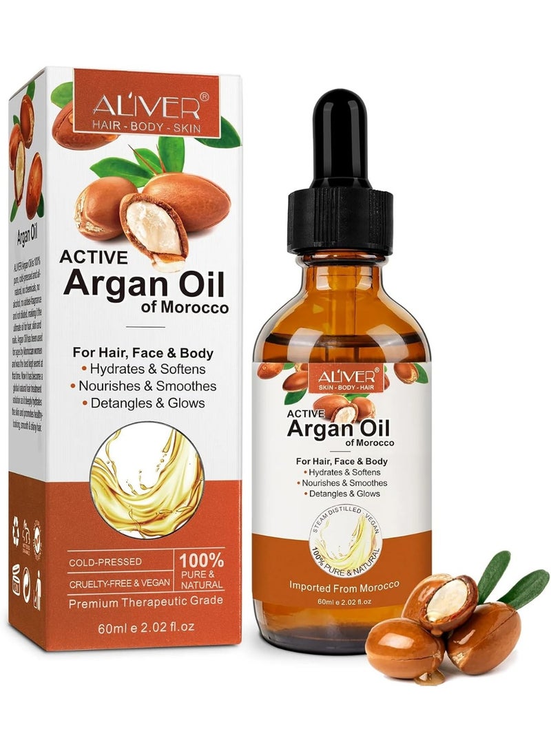 Argan Oil 60ml 100% Pure Moroccan Organic Argan Oil for Hair Growth Face & Body Cold Pressed Active Argans Oils of Morocco Treatment For Damaged Hair & Dry Skin Beard Nails and Skin - Image 1