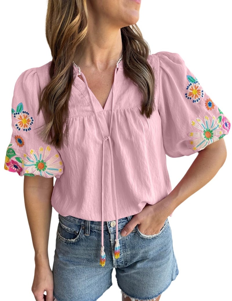 Ecosunny Women's Boho Embroidered Tops V Neck Floral Short Puff Sleeve Casual Shirts Loose Tunic Summer Blouses Fashion 2026 A-pink - Image 1