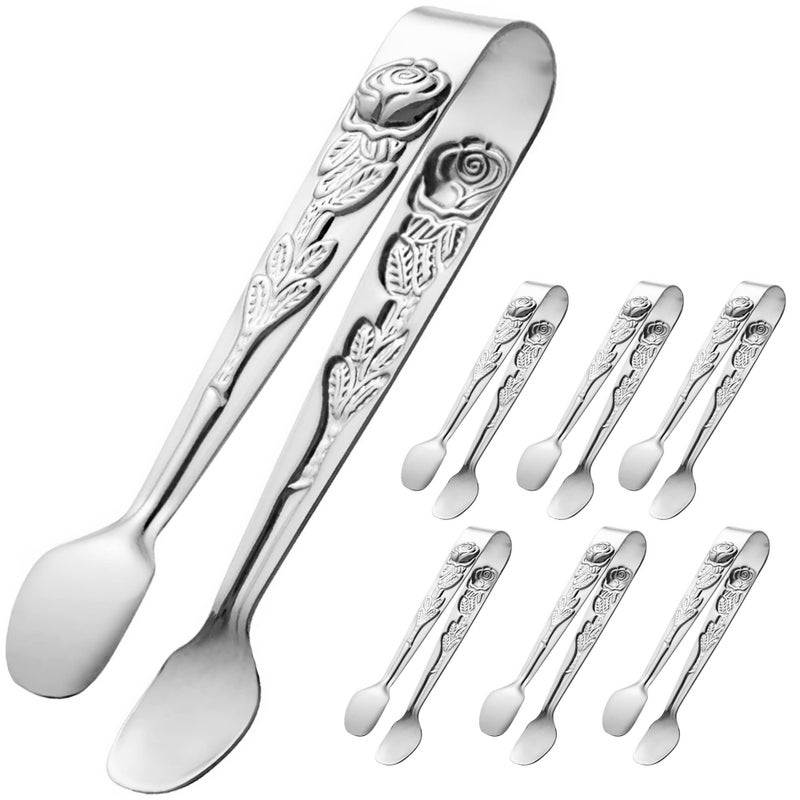 HINMAY 6PCS Mini Serving Tongs 4Inch Small Rose Sugar Cube Tongs Silver
