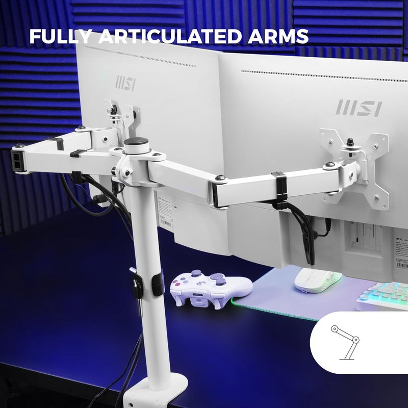 MARS GAMING MARM2 White, Dual Arm Monitor Mount for Screens up to 27", Articulating and Height Adjustable, Sturdy Frame, VESA75 and VESA100 Compatible - Image 3