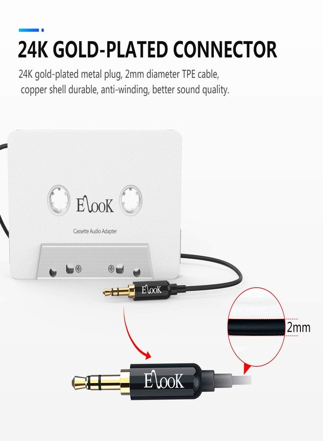 Elook Car Cassette Aux Adapter, 3.5mm Universal Audio Cable Tape Adapter for Car, Phone, MP3 ect. White - Image 3